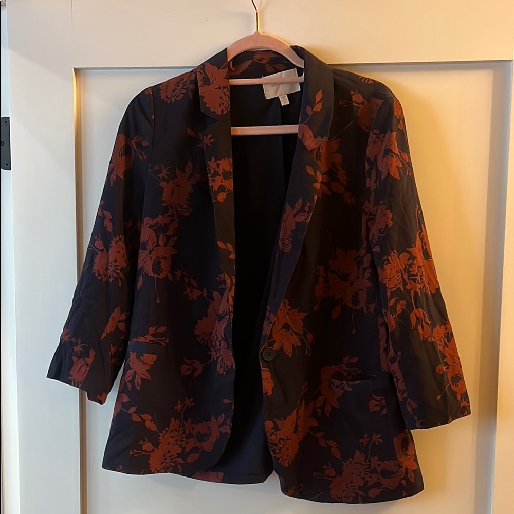 Skies Are Blue Blue and Red Blazer with Open Front and Three-Quarter Sleeves